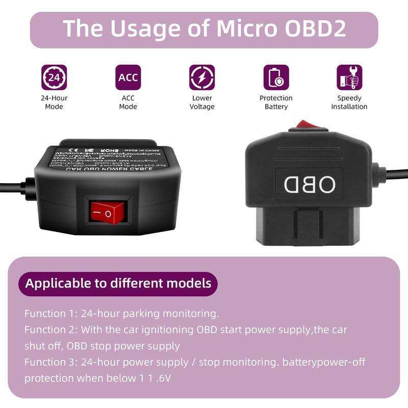 RIIEYOCA OBD2 Power Cable for Dash Cam,90 Degree Right Angle