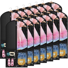Vincreem 14 Pcs Garment Bags for Dance Costumes 50'' Clear PVC with 4 Zipper Pockets Hanging Clothes Garment Bag for Dance Competitions Hanging Clothes (Black, Classic)