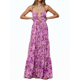 Beach Dresses for Women Purple Summer Spaghetti Strap Backless Low Cut Tie Front Smocked Ruffle Tiered Cami Flowy Trendy Vacation Long Milkmaid Dresses Floral Boho Maxi Beachwear Sun Dress S