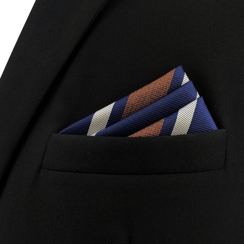 S&W SHLAX&WING Men's Striped Pocket Square, Navy Blue, White, Brown,