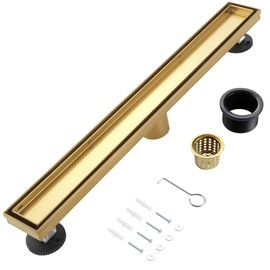 Muschbath 24 Inch Linear Shower Drain, Brushed Brighter Gold Shower Drain, Flat and Tile-in Grate, 304 Stainless Steel, Easy to Install and Clean for Bathrooms (Drain Base Not Included), LSD-02A-24BG