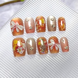 Brown Press on Nails Short Coffin Fake Nails 3D Butterfly False Nails with Charms Rhinestones Amber Glossy Glitter Acrylic Nails Fall Glue on Nails Full Cover Stick on Nails for Women, 20Pcs