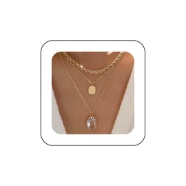 Xduargs Boho Layered Crystal Oval Necklace Gold Geometric Oval Choker Necklace Vintage Square Disc Pendant Necklace Multilayered CZ Oval Rope Chain Necklace Jewelry for Women