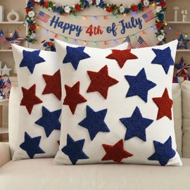 4th of July Patriotic Red Blue Stars Embroidered Throw Pillow Covers, 18 x 18 Inch Independence Day Decor Tufted Patterned Linen Cushion Case for Sofa Couch Set of 2