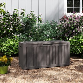 Yardgrace 80 Gallon Coffee Resin Deck Box - Rustic Outdoor Storage for Garden Tools, Patio Essentials & Package Delivery - Weatherproof, Lockable for Farmhouse Decks