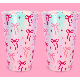 FYSUIMU 16Pcs Pink Bow Plastic Cups Iridescent Bow Themed Birthday Party Decorations 16oz Red Pink Disposable Cups for Girl Bachelorette Bridal Baby Shower Wedding Party Supplies