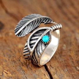 ASFKIPMF Adjustable Turquoise Boho-Magic 925 Sterling Silver and Brass Leaf Adjustable Ring for Women，Feather Leaf Ring Stacking Ring Vintage Statement Ring for Women & Men