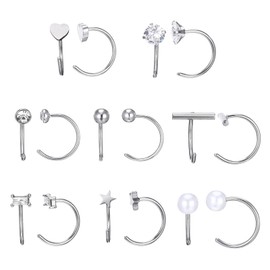 8 Pairs Stainless Steel Half Hoop Earrings | Huggie Hoop Earrings | Backless Earring for Women - Silver, Zircon, Pearl, Heart, Star, Bar, Ball, Dot