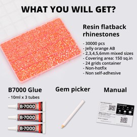 30000Pcs Resin Jelly Rhinestones Set for Crafting Bedazzling, Orange AB Flatback Gems Jewels for Crafts Clothes Shoes Fabric Outfit Nails Makeup, Flat Back Crystal 2-6mm with b 7000 Glue