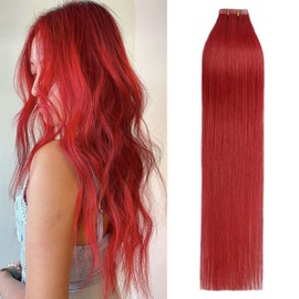 WindTouch Tape in Hair Extensions Bright Red 100% Human Hair Extensions Straight 20 Pcs 20Inch #red 50g