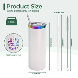 YOUKE OLA 8 Pack Rainbow Plated Stainless Steel Tumbler Straight Double Wall Powder Coated for Laser Engrave, 20oz White To Iridescent