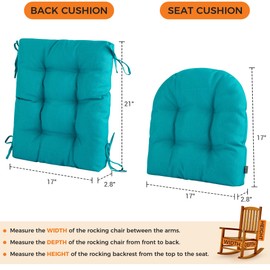 Magpie Fabrics Outdoor Rocking Chair Cushion Set, Tufted Pad for Rocking Chairs with Ties, Seat 17" x 17"/Back 21" x 17", Teal