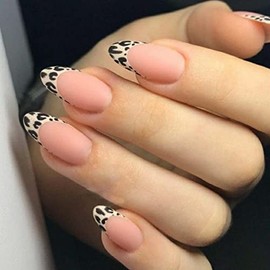 French Press On Uñas Almendra Leopardo Estampado Falso Uñas Medianas Diseño Acrílico Cubierta Completa Desnudas Uñas Falsas para Mujeres y Niñas 24Pcs