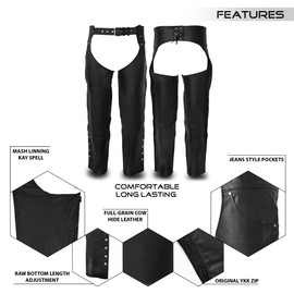 Touch&Torn Leather Chaps All Weather Comfort, Adjustable, & Rash Protection Motorcycle Chaps for Men Motorcycle Over Pants (Black, 30 Waist)