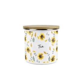 Purely Home Sunflowers Tea Storage Canister - White Floral Metal Enamel Medium Sized Food Storage Container