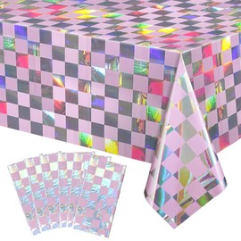 Cokiki Plastic Tablecloths Shiny Disposable Laser Rectangle Table Covers for Party Decoration Birthday Bridal Wedding Christmas 54" x 108"(Laser) (6, Iridescent Checker)