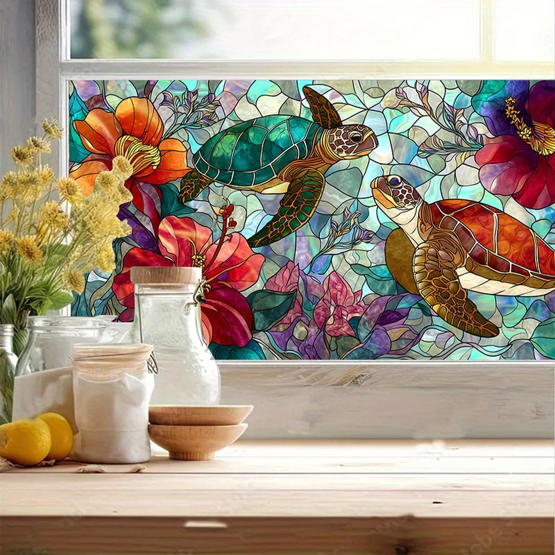 HOMETITUTE Sea Turtle Tropical Flower Window Cling 39.3x17.7 Inch PVC