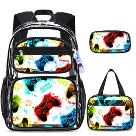 ACESAK Clear Backpack for Boys - 3 Pcs Game Heavy Duty with Lunch Bag - See Through Backpack Clear Bookbag Stadium Approved for Kids Middle High College School Travel (Black Games)