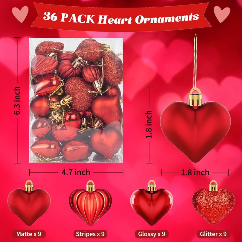 36Pcs Valentines Day Decor Heart Ornaments-red