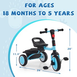 JooKiddie Toddler Tricycle, Kids Tricycle with Bell, Foldable Kids Trike for Age 18 Months to 5 Years, Baby Trike with Adjustable Seat, Gift for Boys and Girls, Blue