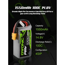 Ovonic 4S 1550mAh 100C 14.8V LiPo Battery Pack with XT60 Plug for Heli Airplane Drone FPV Racing (2 Packs)