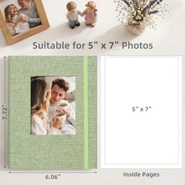 Remowith 5x7 Photo Album, Slip In Fabric Cover Scrapbook with Front Window, Holds 52 Photos (26 Pockets), for Baby, Wedding, Travel, Green
