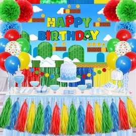 Gaming Party Decorations for Boys, Super Brother Birthday Party Supplies includes Backdrop Banner Balloons Tassels Paper Pompoms Video Game Themed Decorations