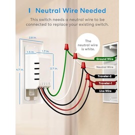 Meross - Interruptor inteligente de 3 vías, interruptor de luz inteligente compatible con Apple HomeKit, Siri, Alexa, Google Assistant y SmartThings, interruptor de luz WiFi de 2,4 GHz,