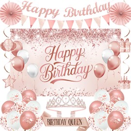 Trgowaul Birthday Decorations Party Set for Women Girls, Rose Gold Happy Birthday Banner, Sash and Tiara, Pink Balloons, Pink Party Supplies Ideas Decor for Her