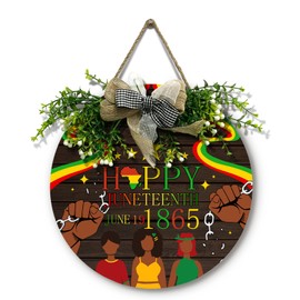 Dacawin Happy Juneteeth Door Sign June 19th 1865 African Afro American Emancipation Round Wooden Sign with Bow Wreath Independence Day Freedom Day Door Hanging signs for Front Door Festival Decor