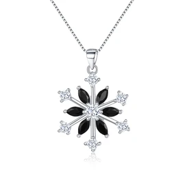EVER FAITH Snowflake Jewerly 925 Sterling Silver Winter Accessory Sparkle Black CZ Flower Pendant Necklace for Women Gifts for Christmas