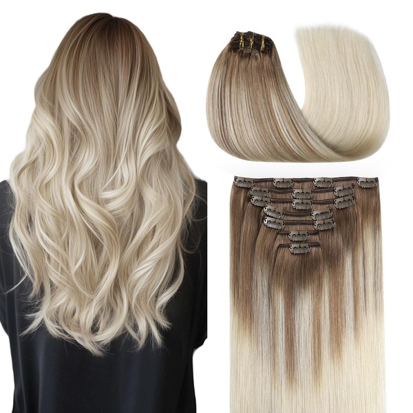 COOKAYU Clip in Hair Extensions Human Hair, 8/60 Ash Brown