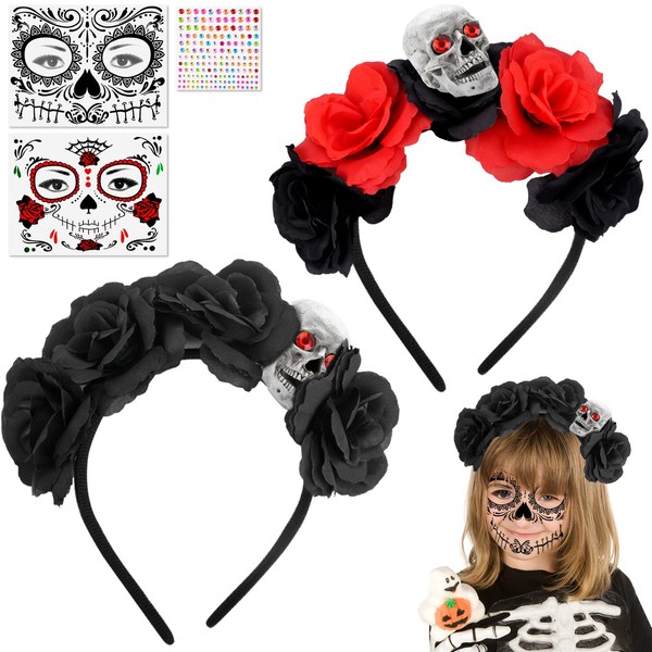 Vibbang Pack of 2 Halloween Skull Roses Headband, 2 Pieces Halloween Face Tattoos, Flower Wreath Crown Headband, Halloween Party Costume Accessories, Day of the Dead Headpiece, Cosplay