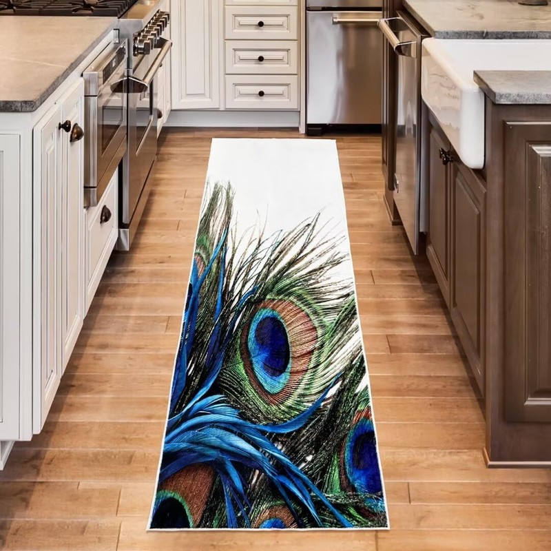 Peacock Feather Hallway Runner Rug 2x6,Peacock Feathers Eyes Oriental,Non Slip