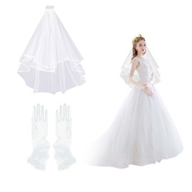 ZHYUAN Pack of 2 Bridal Veils and Tulle Gloves, Short Women's Veil, Veil Short Bridal Veil, Tulle Wedding Short Veil, Satin Edge, White Bridal Veil for Wedding Bride, Veil Photo Shooting, White