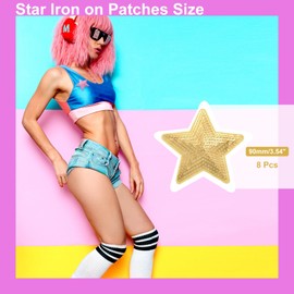 MECCANIXITY 8 Pieces Large Iron on Patches Star Sequin Iron on Applique Embroidered Patches Gold Bling Appliques for Clothes DIY Crafts Bag Pants