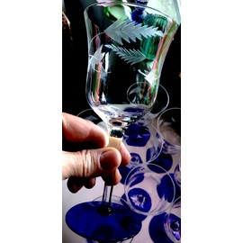 Weston GOBLET COBALT BLUE Foot CLEAR Glass Flower Cut 7-3/8” EXC. (5 AVAILABLE)