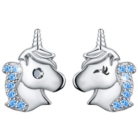 Esberry 18 carat gold-plated 925 sterling silver stud earrings unicorn with zirconia, asymmetrical earrings, hypoallergenic earrings children's earrings silver 925 girls., Sterling Silver, Blue