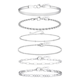JEYORZY 6 Pieces Chain Bracelets for Women, Bracelet Women's Twist Figaro Chain Bracelets Adjustable Fashion Jewellery Bracelet Set Silver Bracelets for Women Girls Bracelet for Women