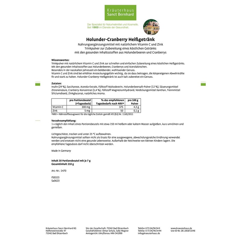 Sanct Bernhard Holunder-Cranberry-Heißgetränk mit natürlichem Vitamin C und Zink