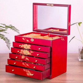 Xloverise Hand-drawn rose wood jewelry box 6-Layer Jewelry Organizer for women,Large capacity jewelry storage box with lock in red color,store glasses,watches,necklaces,rings,earrings