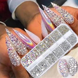 1set/2sets Mixed Size Rhinestones Nail Art Decoration, DIY Materials for Nail Art Decoration & Jewelry Making, Christmas Gift - Color: White, Specification: one-size