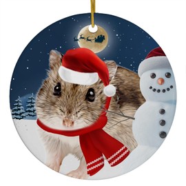 Festive Winter Night Pet and Snowman Ornament - Winter White Dwarf Hamster Christmas Ornament Circle Ceramic - Funny Holiday Xmas Tree Decoration Gifts for Hamster Lovers