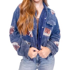 happlan Football Sequin Embroidery Rugby Cropped Frayed Hem Vintage Washed Corduroy Jacket Coat Shacket for Women(0459-Blue-L)