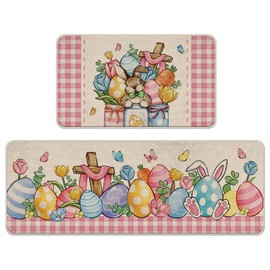 Tailus Easter Eggs Kitchen Rugs Set of 2, Bunny Rabbit Mason Jar Tulip Flower Carrot Kitchen Mats Decor, Spring Pink Plaid Farmhouse Floor Door Mat Home Decorations -17x29 and 17x47 Inch
