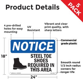 Steel Toe Shoes Required Area OSHA Notice Rigid Plastic Sign 24 Inch x 18 Inch - 5 Pack