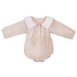 ContiKids Salute Baby Girl Peter Pan Collar Romper Cotton Causal Long Sleeve Jumpsuit Newborn Baby Bodysuit Outfit Clothes 70 Pot Beige 6-12 months