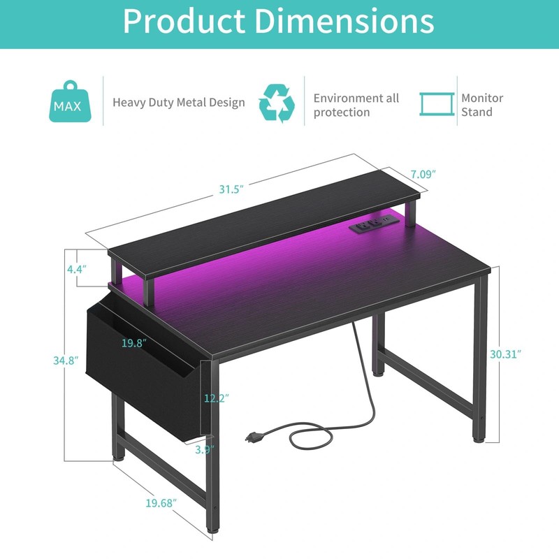 Lufeiya Small Desk with Power Outlets and LED Lights, 32