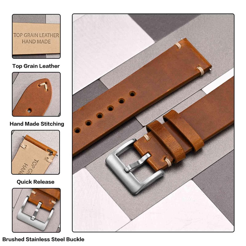 Anbeer Watch Band, Military Style Top Grain Leather, Quick Release