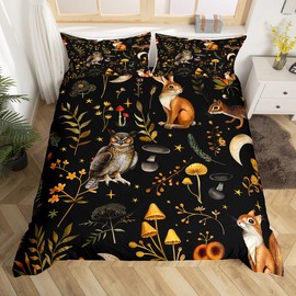Loussiesd Boho Mushroom Comforter Cover Set Single Size Cute Owl Squirrel Bedding Set for Children Botanical Floral Bedding Duvet Cover Set Room Decor Animlas Bedspread Cover